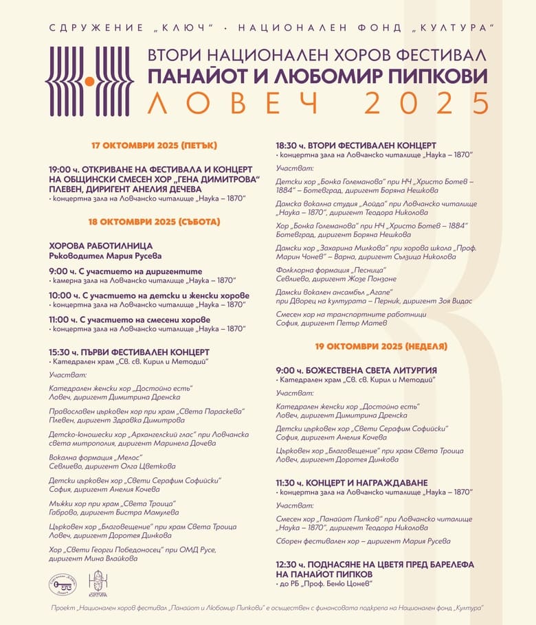 Плакат – Втори национален хоров фестивал, Ловеч 2025 Плакат на Втори национален хоров фестивал Панайот и Любомир Пипкови, Ловеч, 17–19 октомври 2025