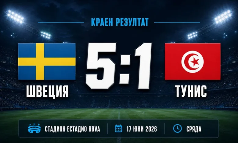 Швеция победи Тунис с 5:1 и оглави група F 1 Швеция победи Тунис с 5:1