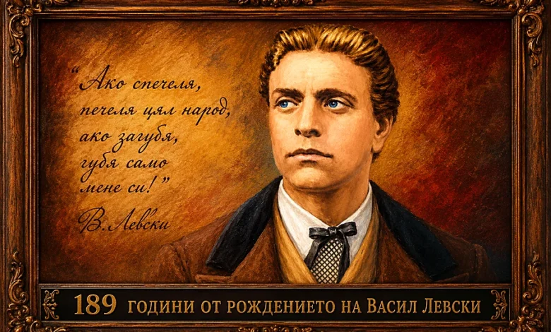 Портрет на Васил Левски с надпис за 189 години от рождението му