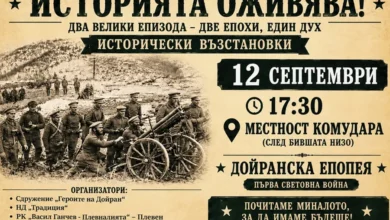 Участници в историческа възстановка с униформи от началото на XX век на бойно поле в Плевен